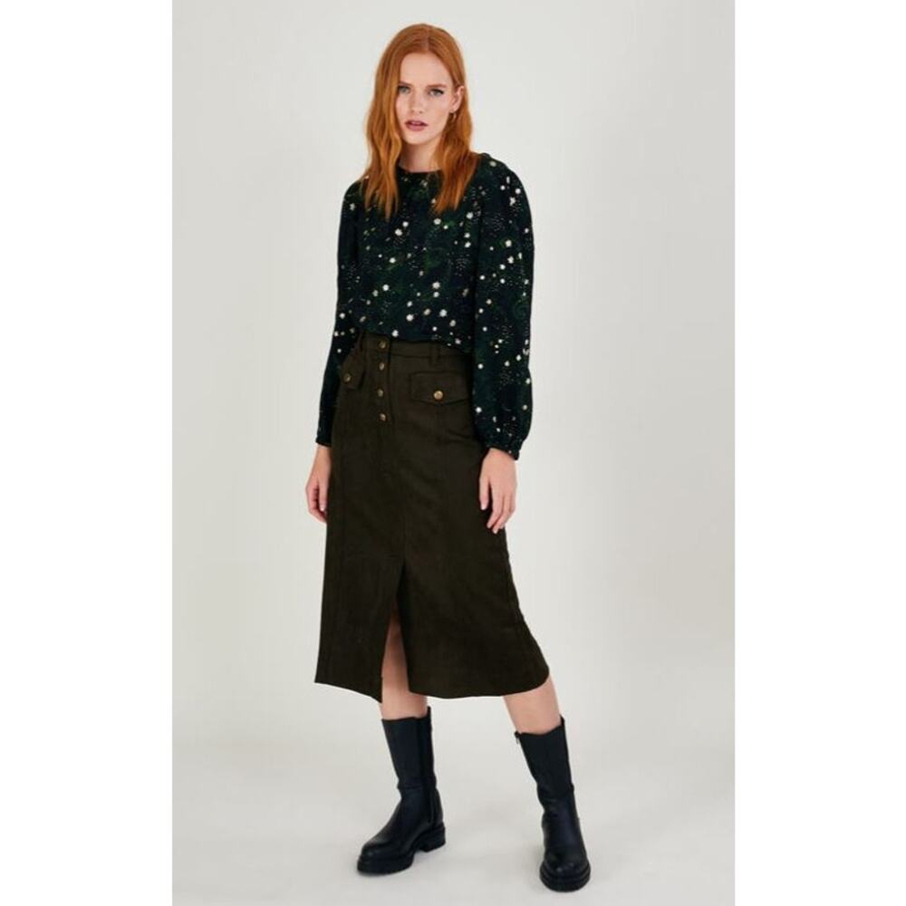Monsoon Button Detailing Suedette Skirt in Khaki Green - Size 20